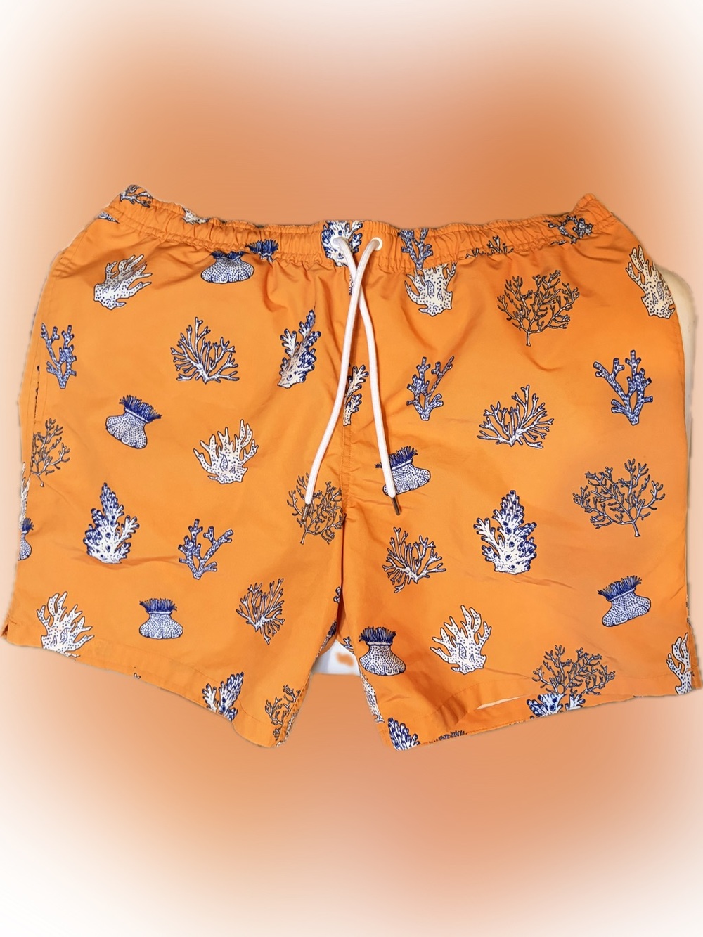 Bonobos Orange Swim Trunks with Blue & White Coral Print